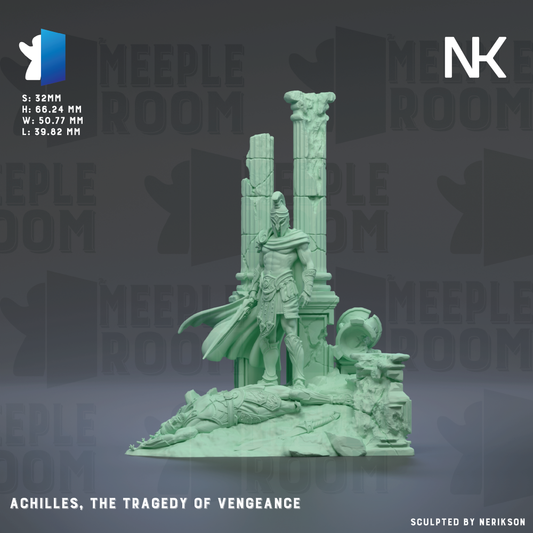 a statue of a warrior standing on a pedestal, with a fallen figure lying on the ground in front of him. The background features the text "MEIPLE ROOM" repeated multiple times, suggesting the image is part of a larger collection or series. The phrase "ACHILLES, THE TRagedy of Vengeance" is also visible, indicating the theme or subject matter of the statue.