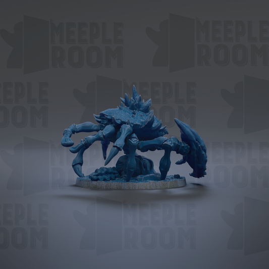 A blue, 3D-rendered creature resembling a spider or crab is displayed against a dark background with repeated text.