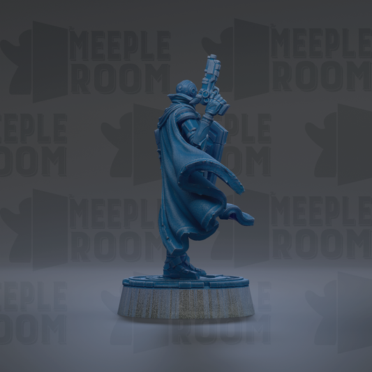A blue statue of a person holding a gun stands on a pedestal against a dark background with repeated text.
