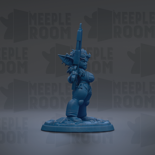 A blue figurine of a character holding a gun stands on a base against a dark background with repeated text.