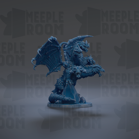 A blue dragon figurine is displayed against a dark background with repeated text.