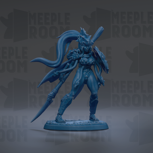 A blue figurine of a female warrior standing on a base, holding a sword and shield, with a large headdress and flowing hair.