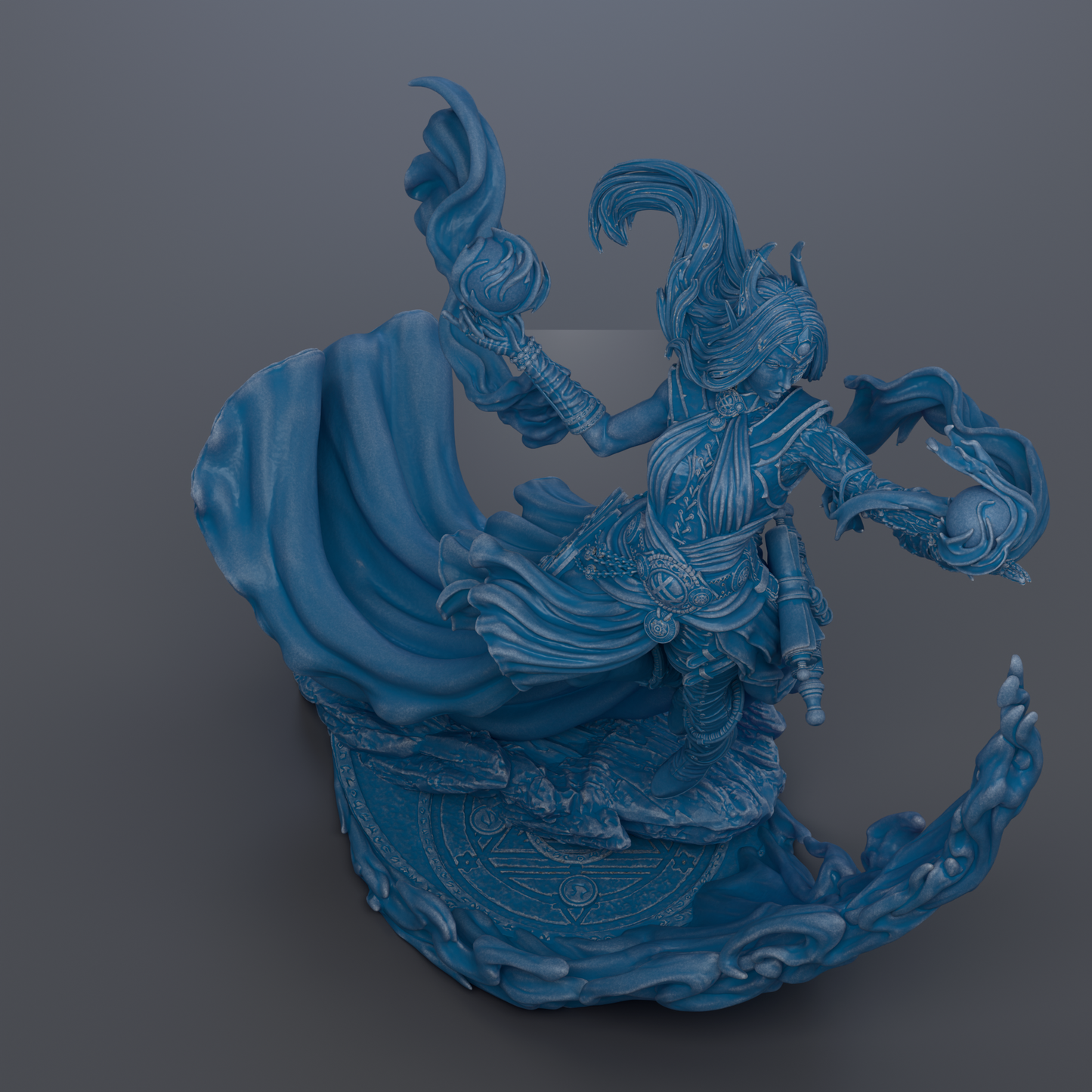 A 3D rendering of a fantastical, blue-colored character with flowing robes and a large headdress, standing on a wave-like platform.