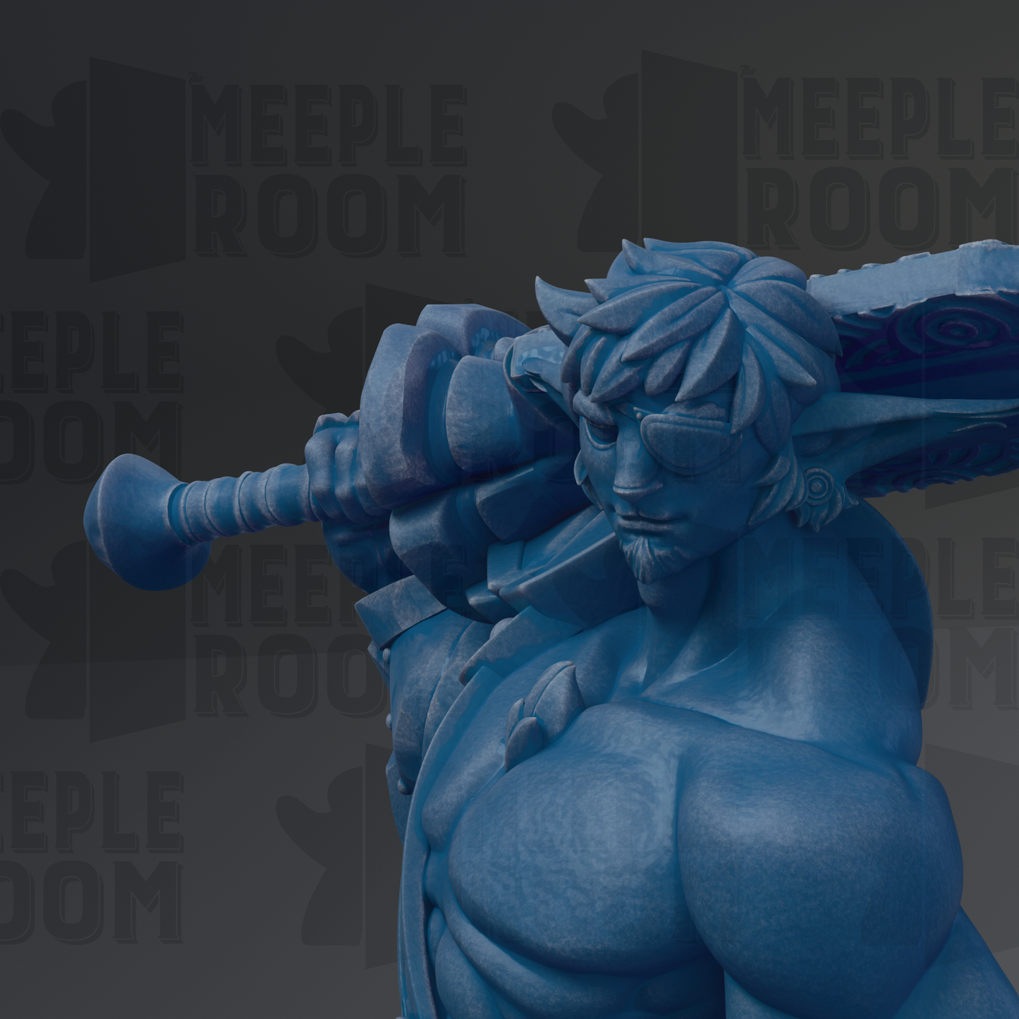 A close-up of a blue, sculpted figure holding a weapon, with the text "MEUPLE ROOM" visible in the background.