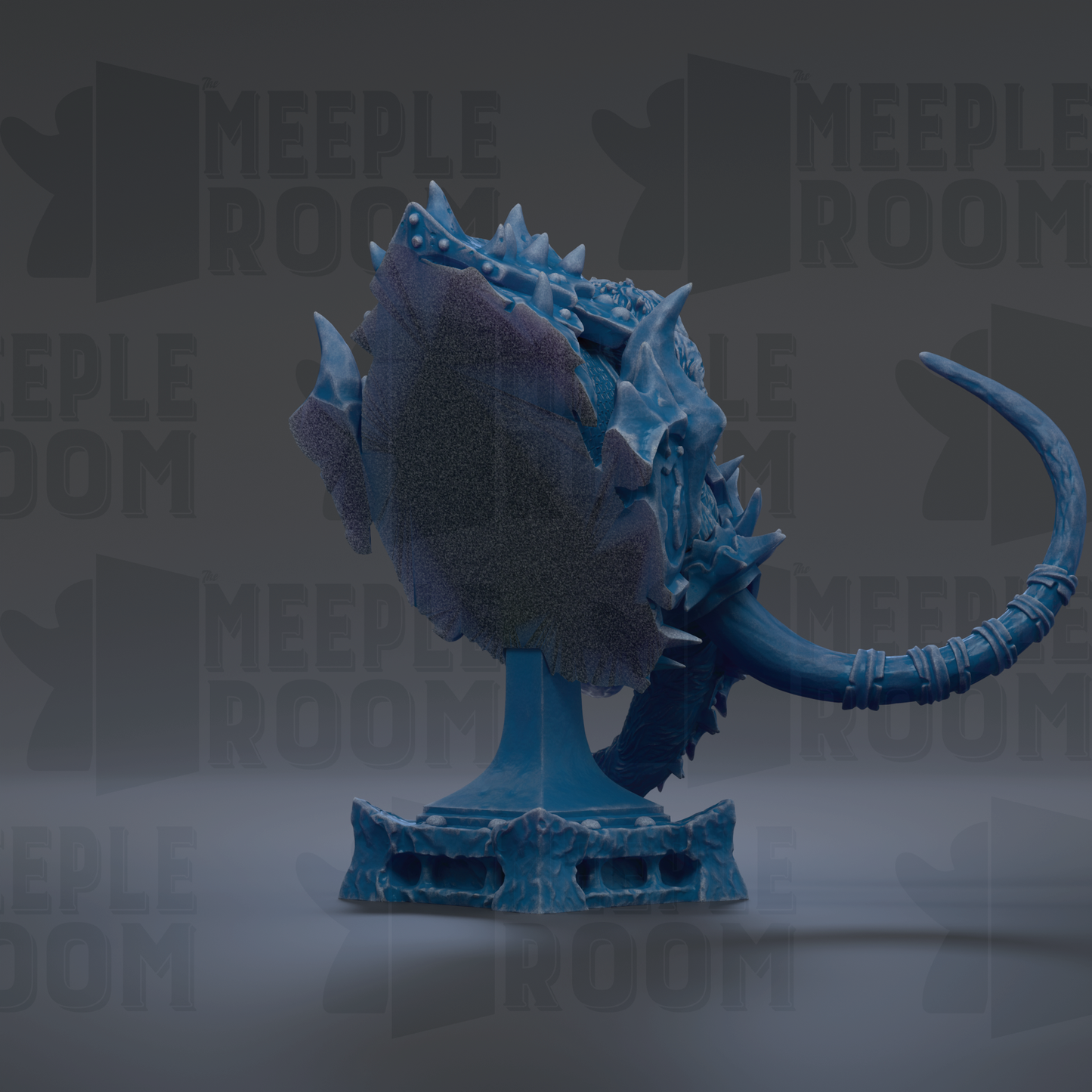 A blue, fantastical creature resembling a dragon or serpent, with sharp teeth and a long, curved tail, is displayed on a pedestal against a dark background.
