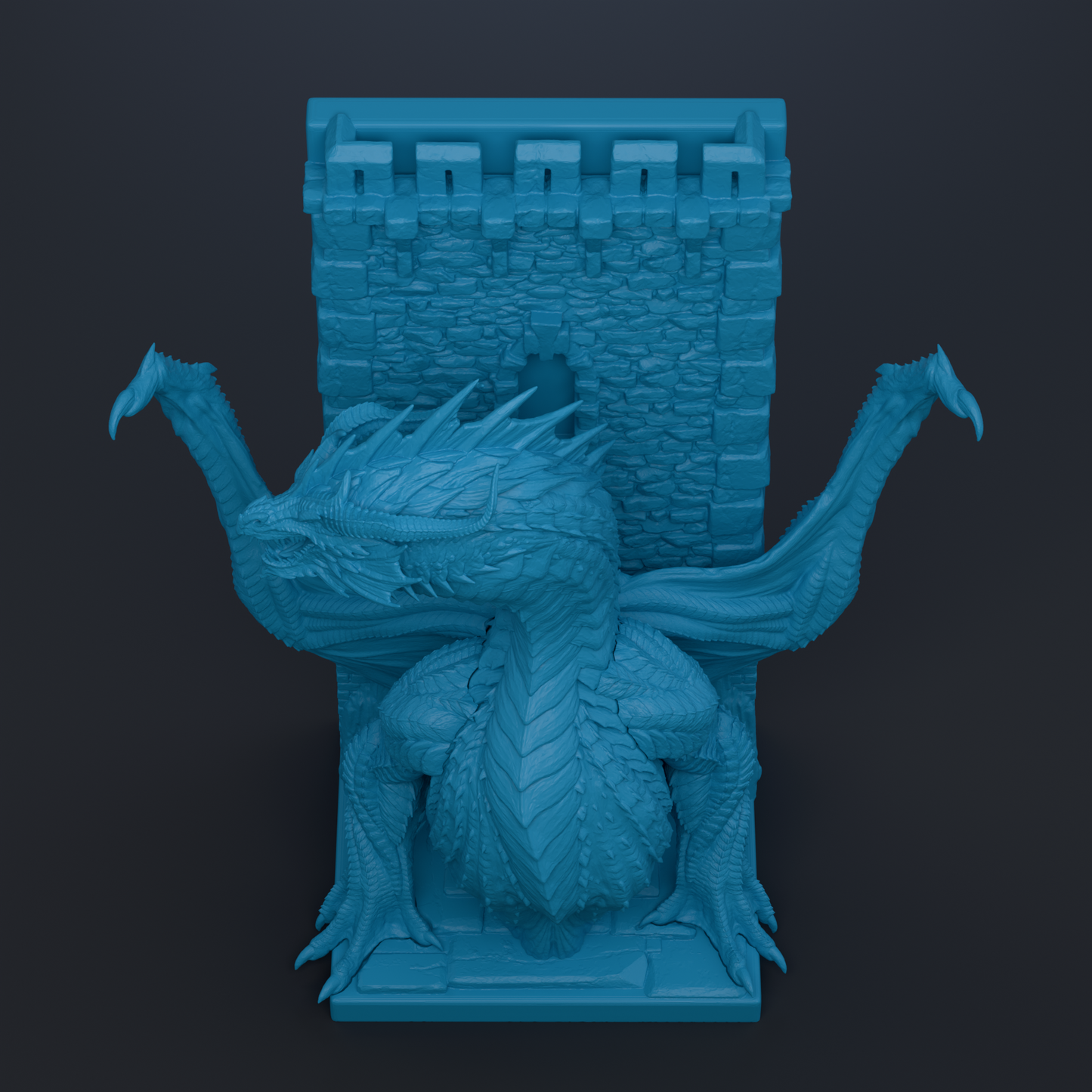 A 3D rendering of a blue dragon statue with a castle-like structure behind it.