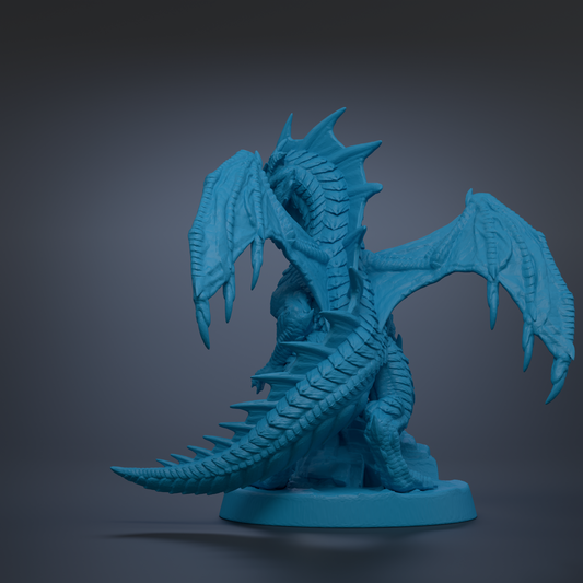 A 3D model of a blue dragon figurine with sharp teeth and claws, standing on a base.