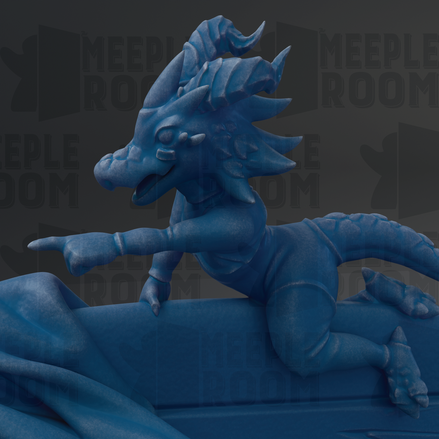 A blue dragon statue with a pointed nose and curled horns is depicted in the image.