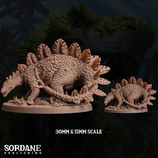 two detailed models of dinosaurs, one larger and one smaller, set against a dark background with a large green dinosaur-like creature in the background.