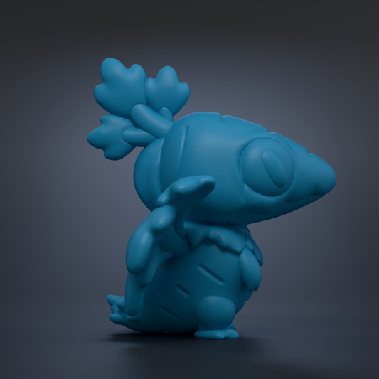 A blue, 3D-rendered toy figure with a large head and small body, standing on one leg against a dark background.