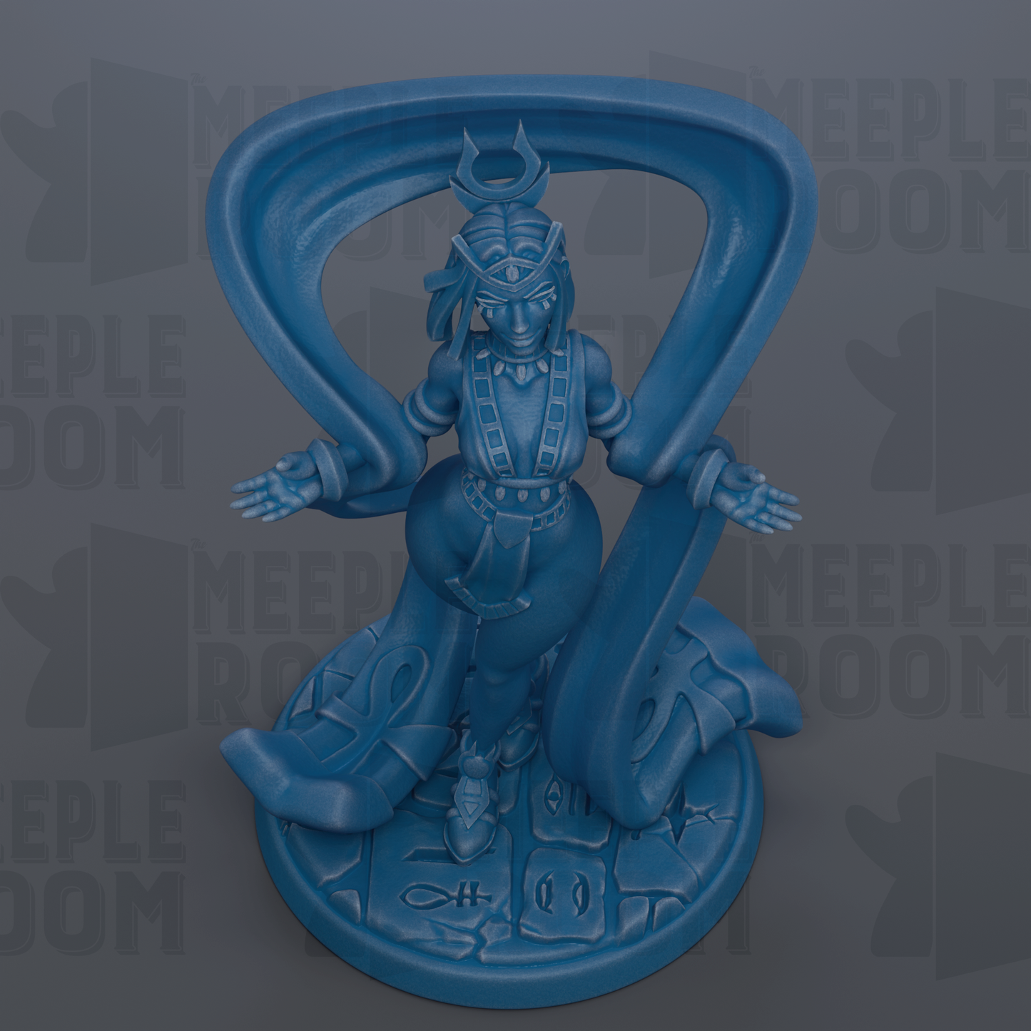 A blue figurine of a female deity or goddess, with ornate headdress and attire, standing on a pedestal.