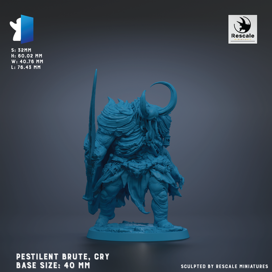 a blue figurine of a creature with horns and a crescent moon, standing on a base and holding a sword.