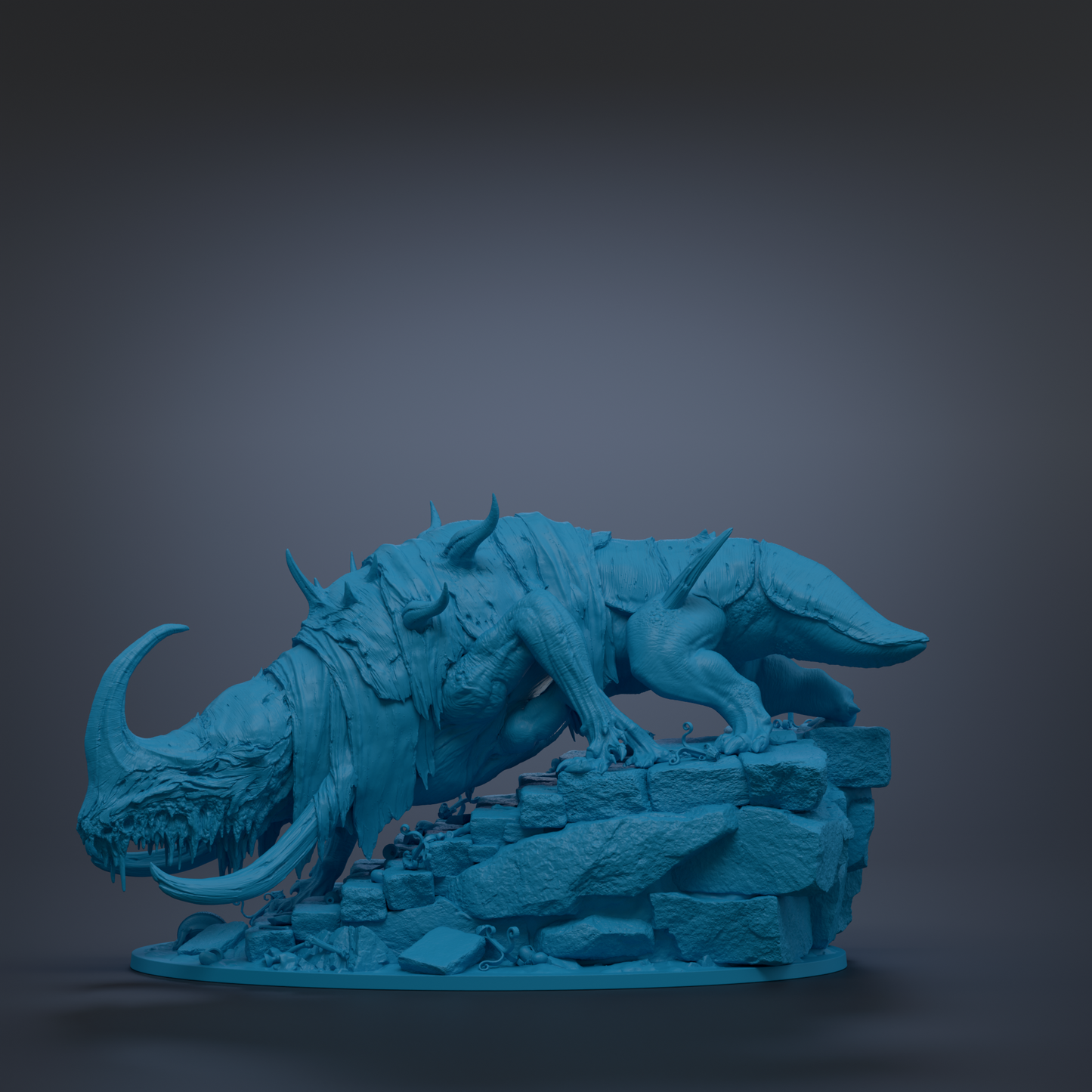 A 3D rendering of a blue, fantastical creature with horns and sharp teeth, standing on a pile of rocks and looking down at the ground.