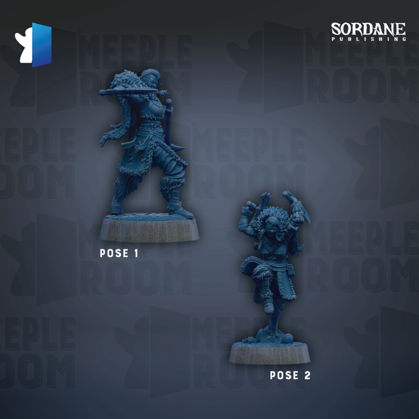 two blue figurines, each with a unique pose, set against a dark background with repeated text.