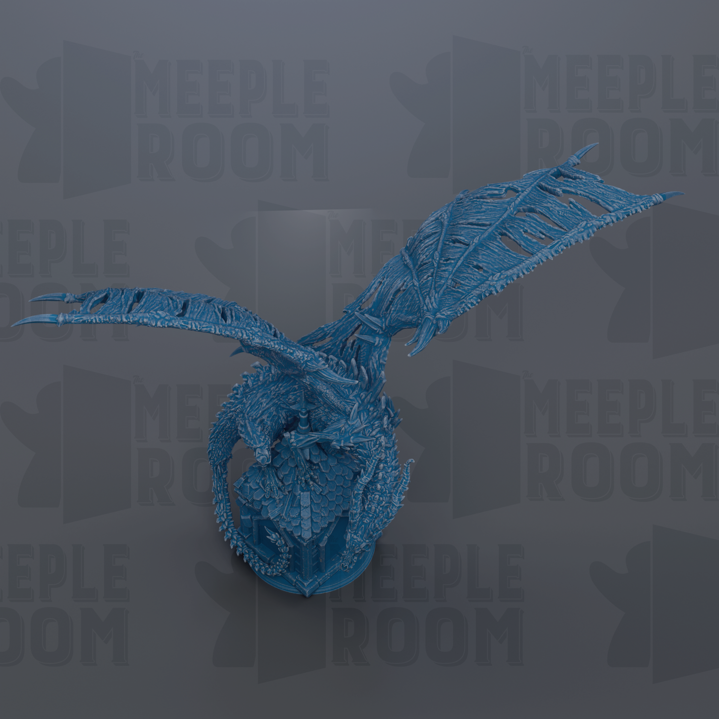 A blue dragon figurine with outstretched wings is the central focus of the image.