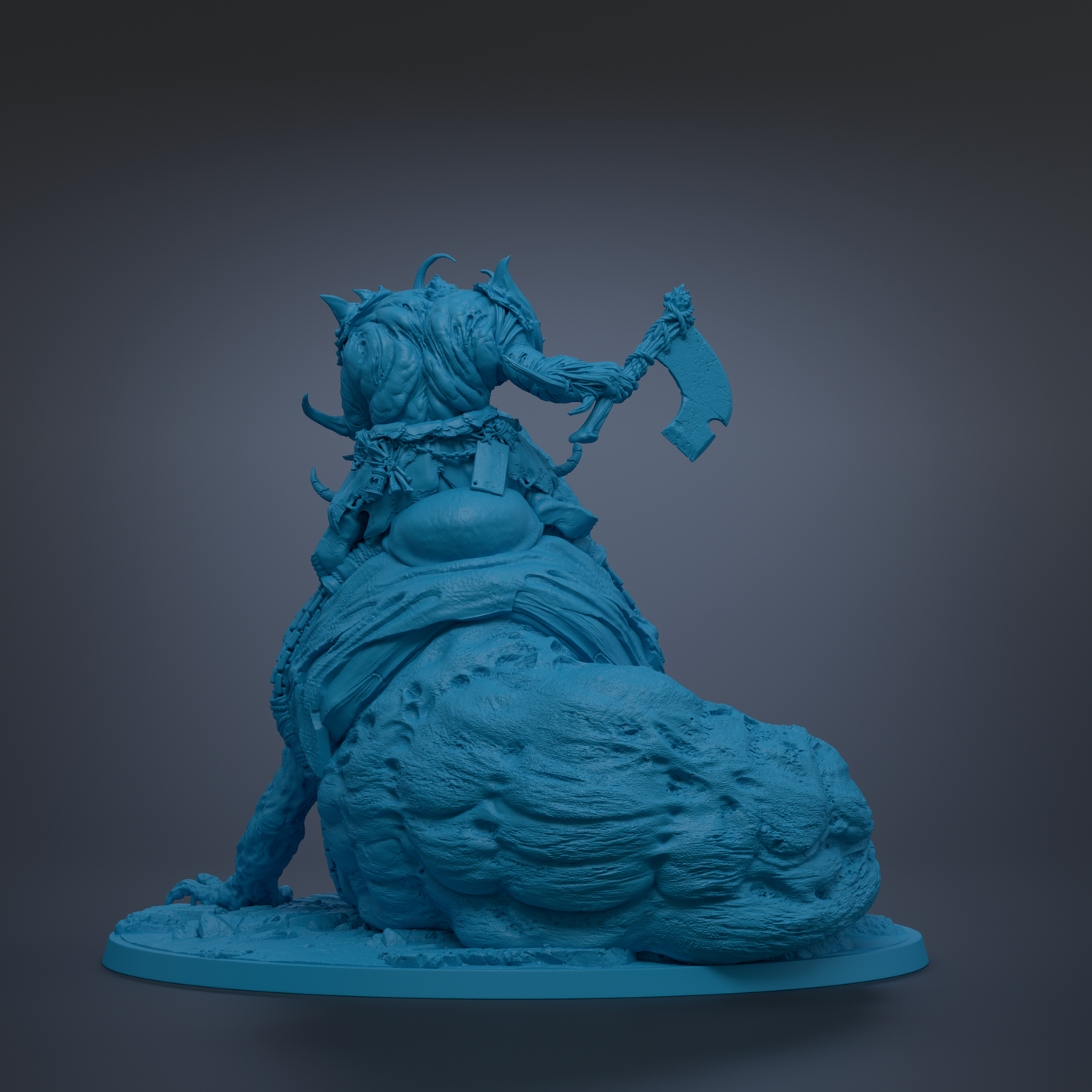 A blue 3D model of a fantastical creature, possibly a dragon or serpent, with a large weapon in its hands.