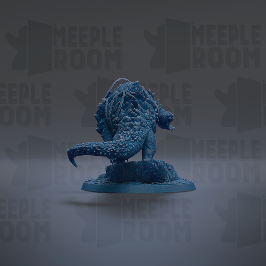 A blue, 3D-rendered dinosaur figurine is displayed against a dark background with repeated "MEUPLE ROOM" text.