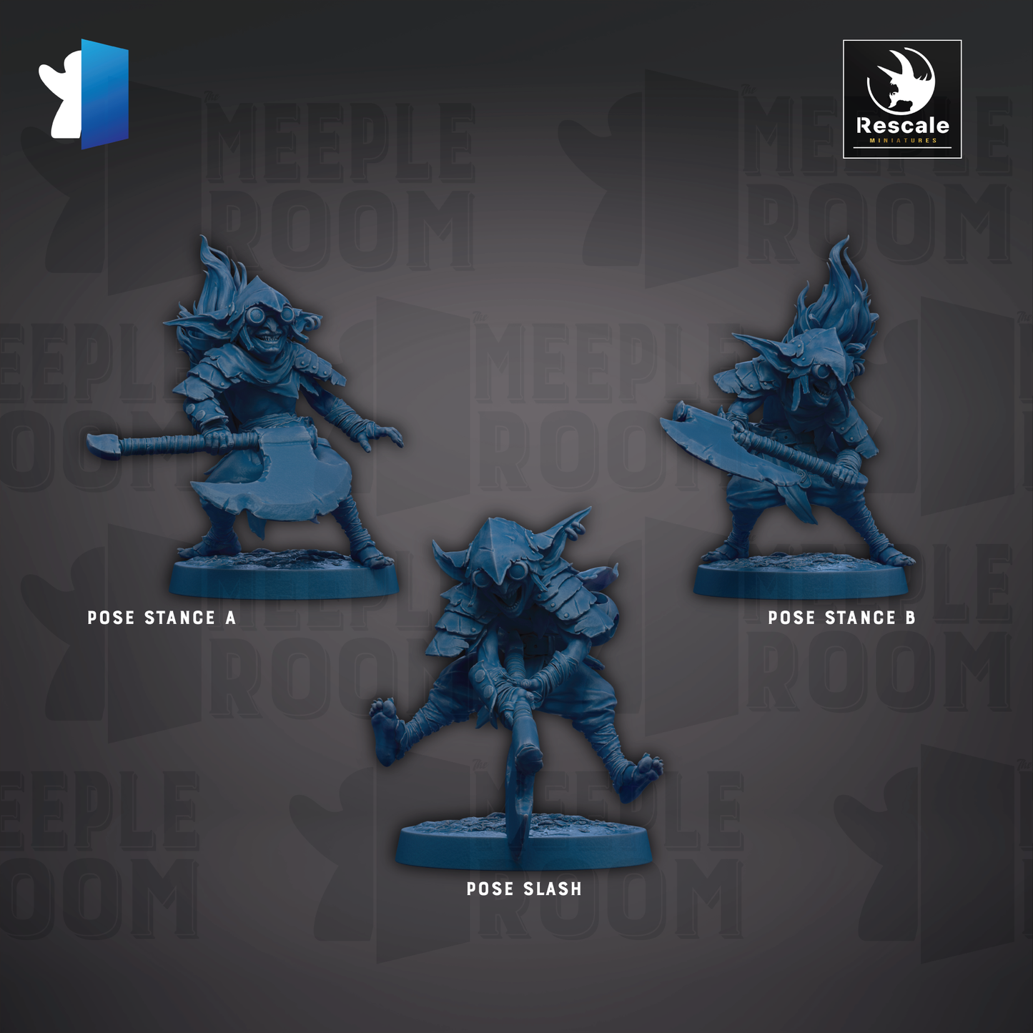 three blue figurines of creatures, each with a unique pose, displayed against a dark background with repeated text.