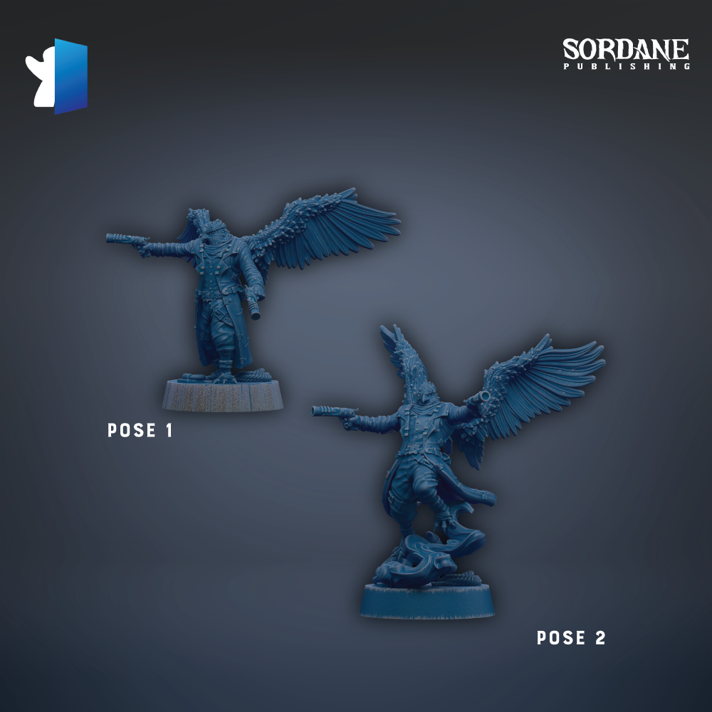two blue figurines with wings, one standing upright and the other in a dynamic pose, against a dark background.