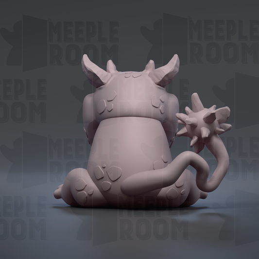 A 3D rendering of a small, furry creature with horns and spikes, sitting on its hind legs and facing away from the camera.
