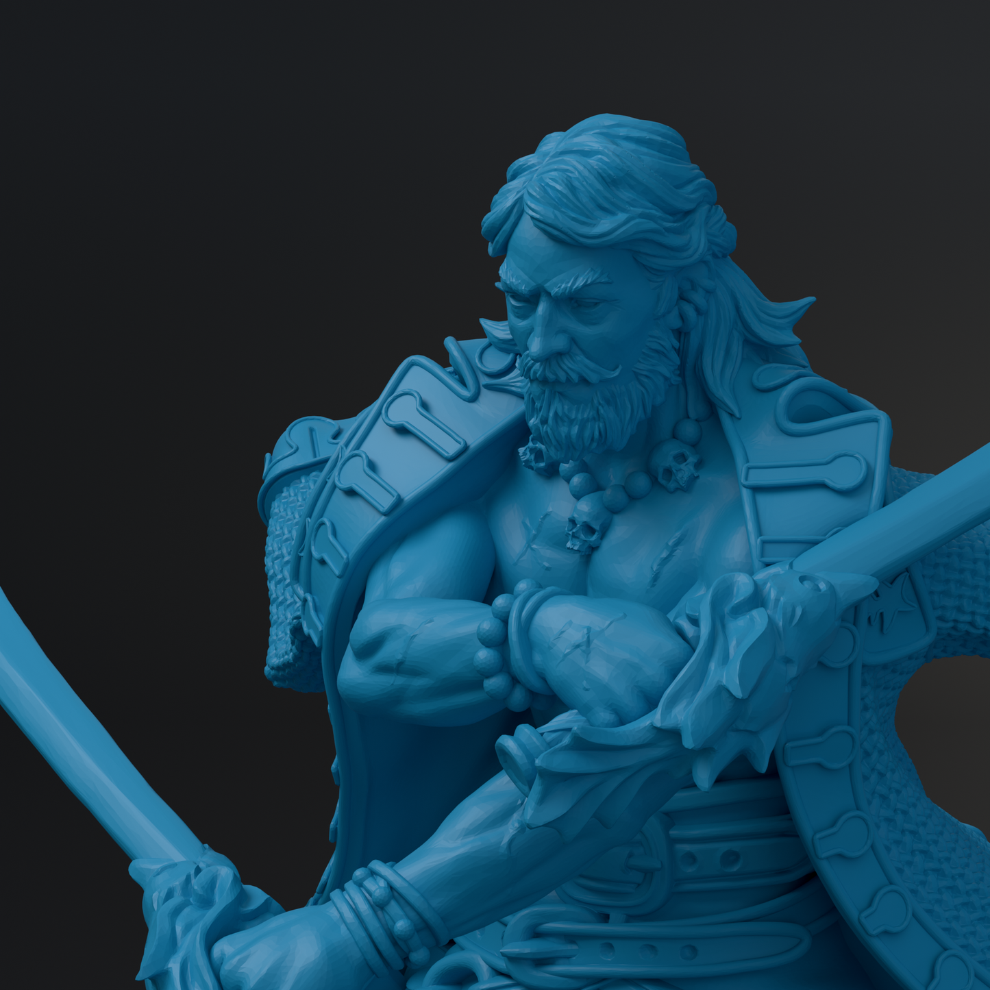 A blue 3D model of a muscular, bearded man with a serious expression, holding a sword and wearing a decorative outfit.