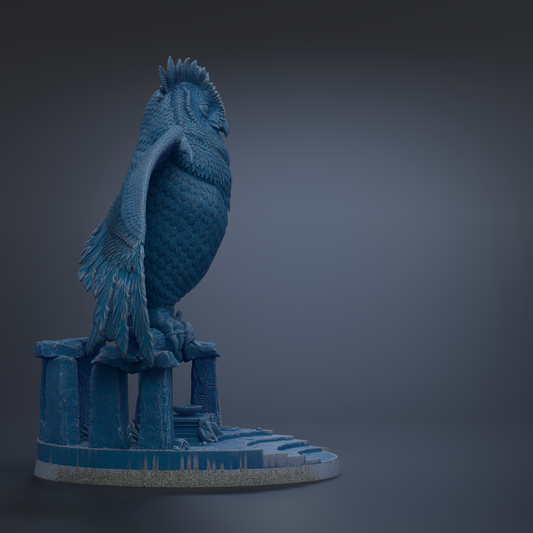 A blue bird statue perched on a pedestal against a dark background.