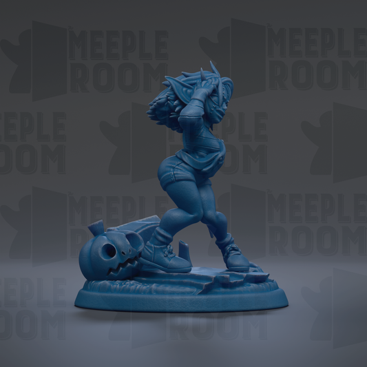A blue figurine of a person standing on a pumpkin, with the word "MEIPLE ROOM" repeated in the background.
