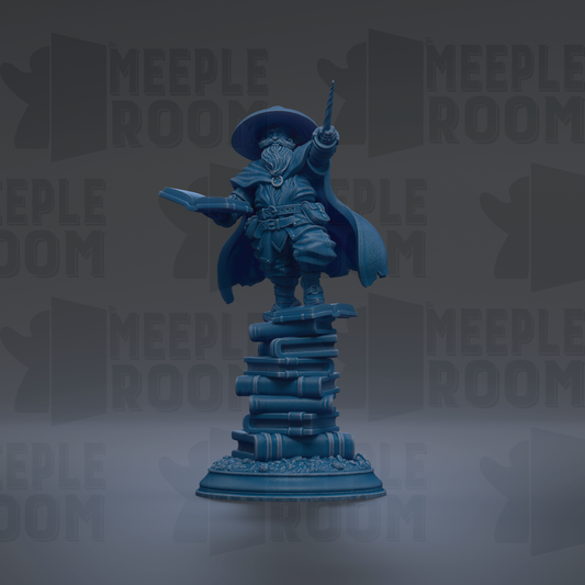 A blue statue of a wizard standing on a stack of books, with the text "MEUPLE ROOM" repeated in the background.