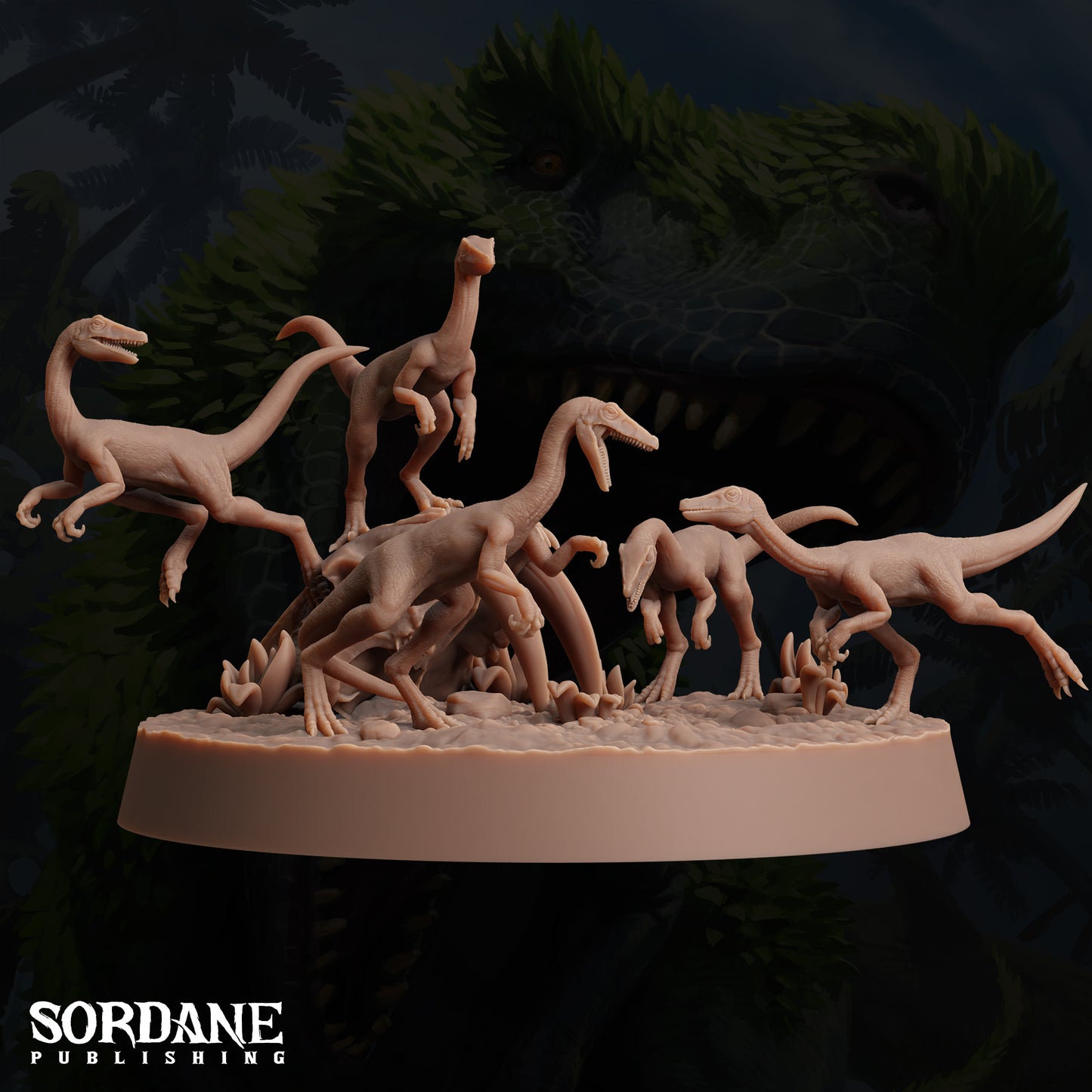 A group of dinosaur figurines on a base, with a large dinosaur-like creature in the background.