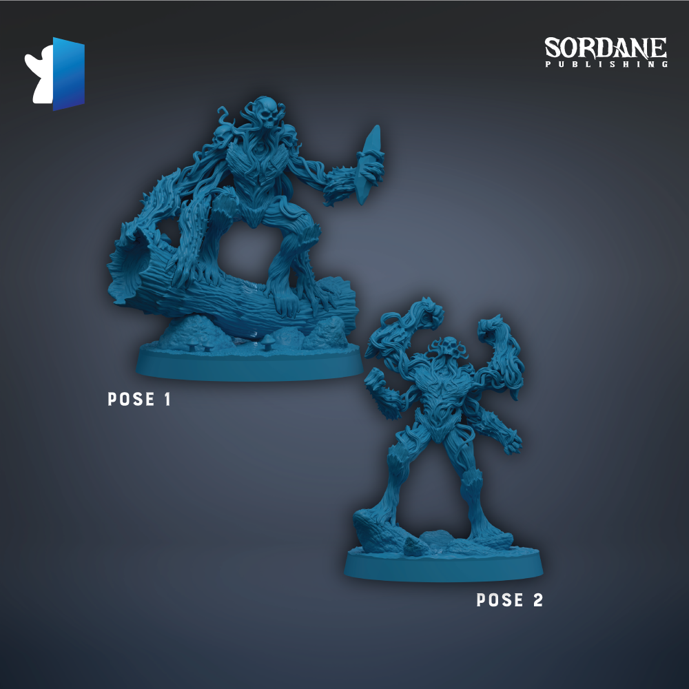 two blue figurines of fantastical creatures, each with a unique pose, set against a dark background.