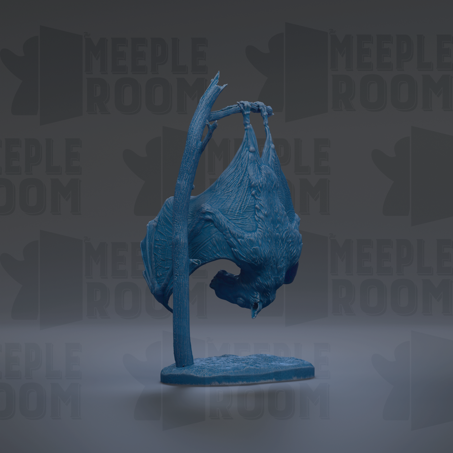 A blue bat sculpture is displayed on a stand against a dark background with repeated text.