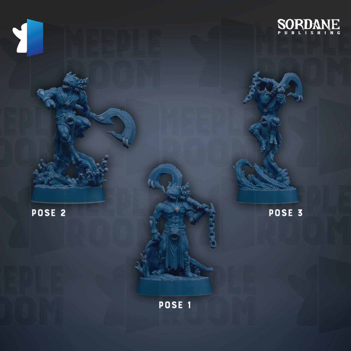 three blue figurines of fantastical creatures, each with unique poses and accessories, arranged against a dark background with repeated text.