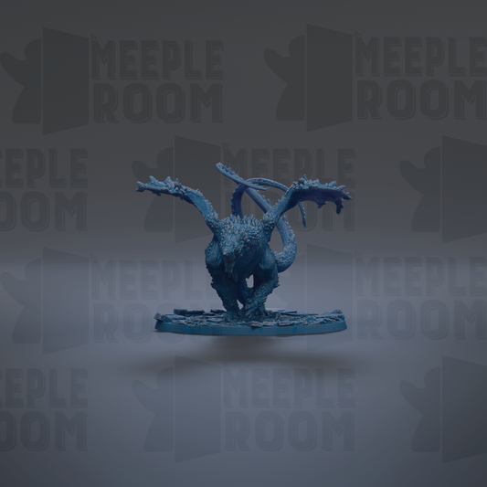 A blue dragon figurine with wings spread, standing on a base against a dark background with repeated "MEIPLLE ROOM" text.