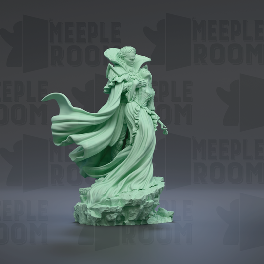 A green statue of a woman with flowing robes and a flowing headdress stands on a rock formation against a dark background with repeated text.