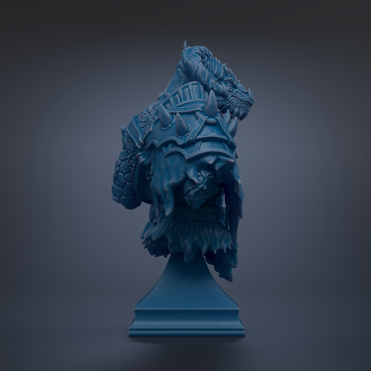 A 3D rendering of a blue dragon statue with intricate details and a fierce expression, standing on a pedestal against a dark background.