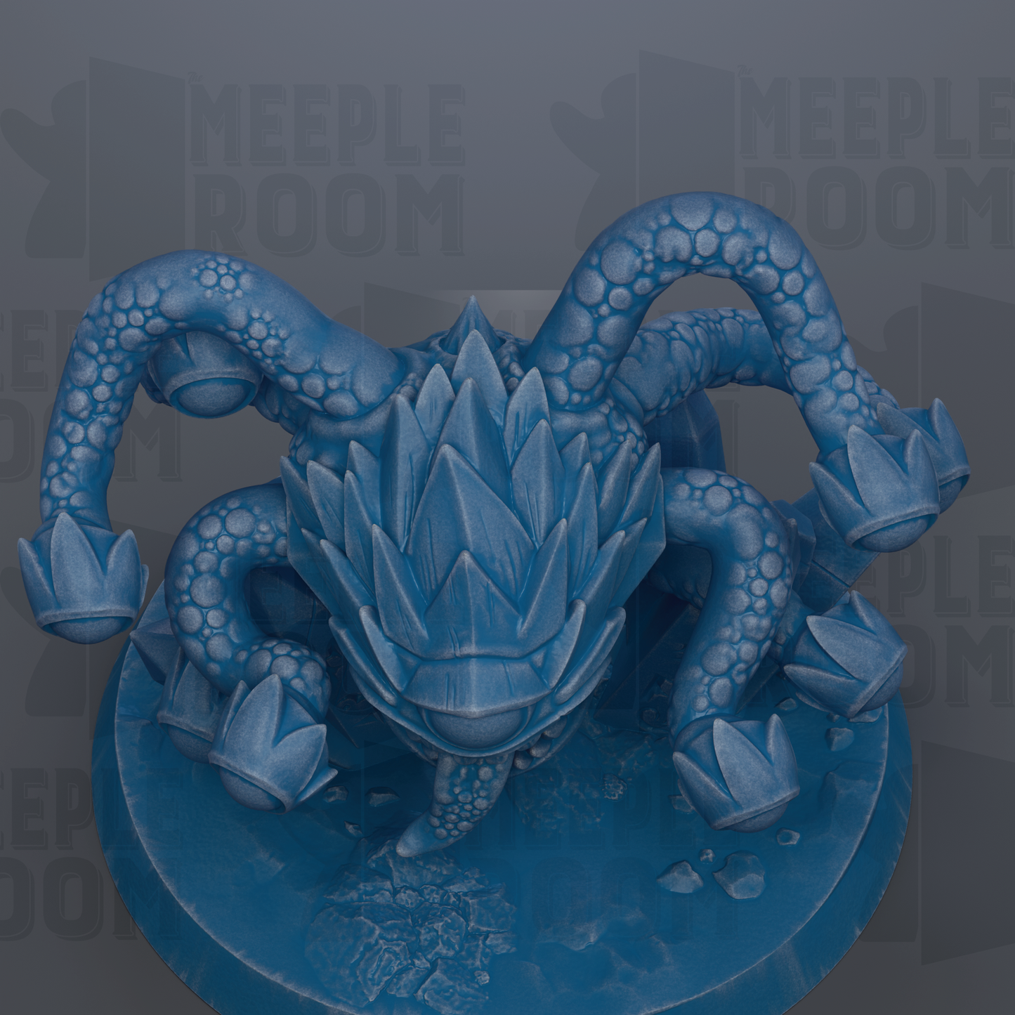 A blue, three-dimensional figurine with a large head and multiple arms, resembling a fantastical creature or monster.