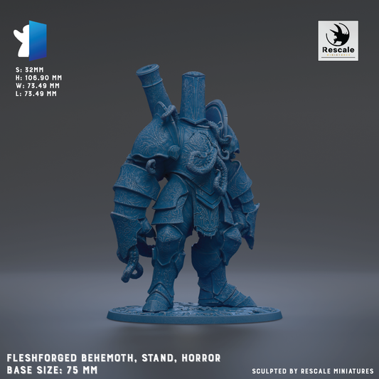 A 3D printed model of a flesh-forged behemoth, a type of medieval armor, in a standing position. The model is described as a "Flushforged Behemoth, Stand, Horror" and is shown in a 3D printed format. The base size of the model is 7.75 mm.