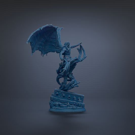 A dark blue, winged statue of a figure with a long, flowing cape stands on a pedestal against a dark background.