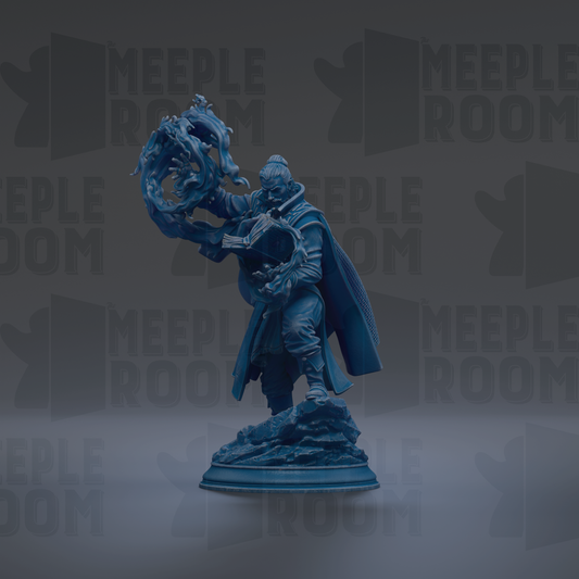 A blue statue of a person holding a book and a dragon-like creature, standing on a pedestal against a dark background with repeated text.