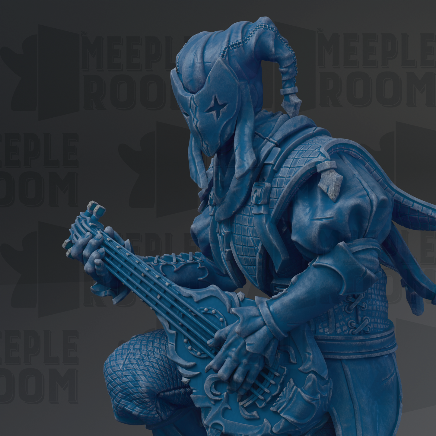 A blue, armored figure is playing a guitar, with the background featuring the text "MEUPLE ROOM" repeated multiple times.