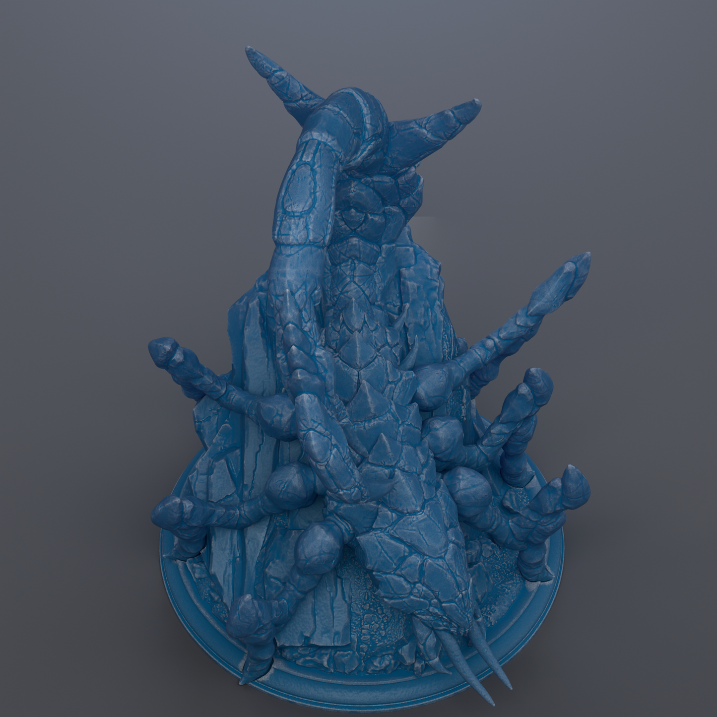 A 3D rendering of a blue, abstract sculpture with a textured, organic appearance.