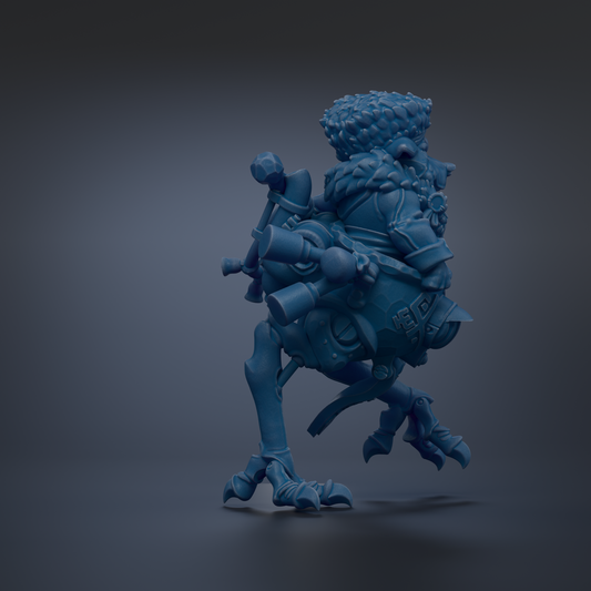 A 3D rendering of a blue, fantastical creature with a large head, multiple arms, and legs, standing on one leg against a dark background.