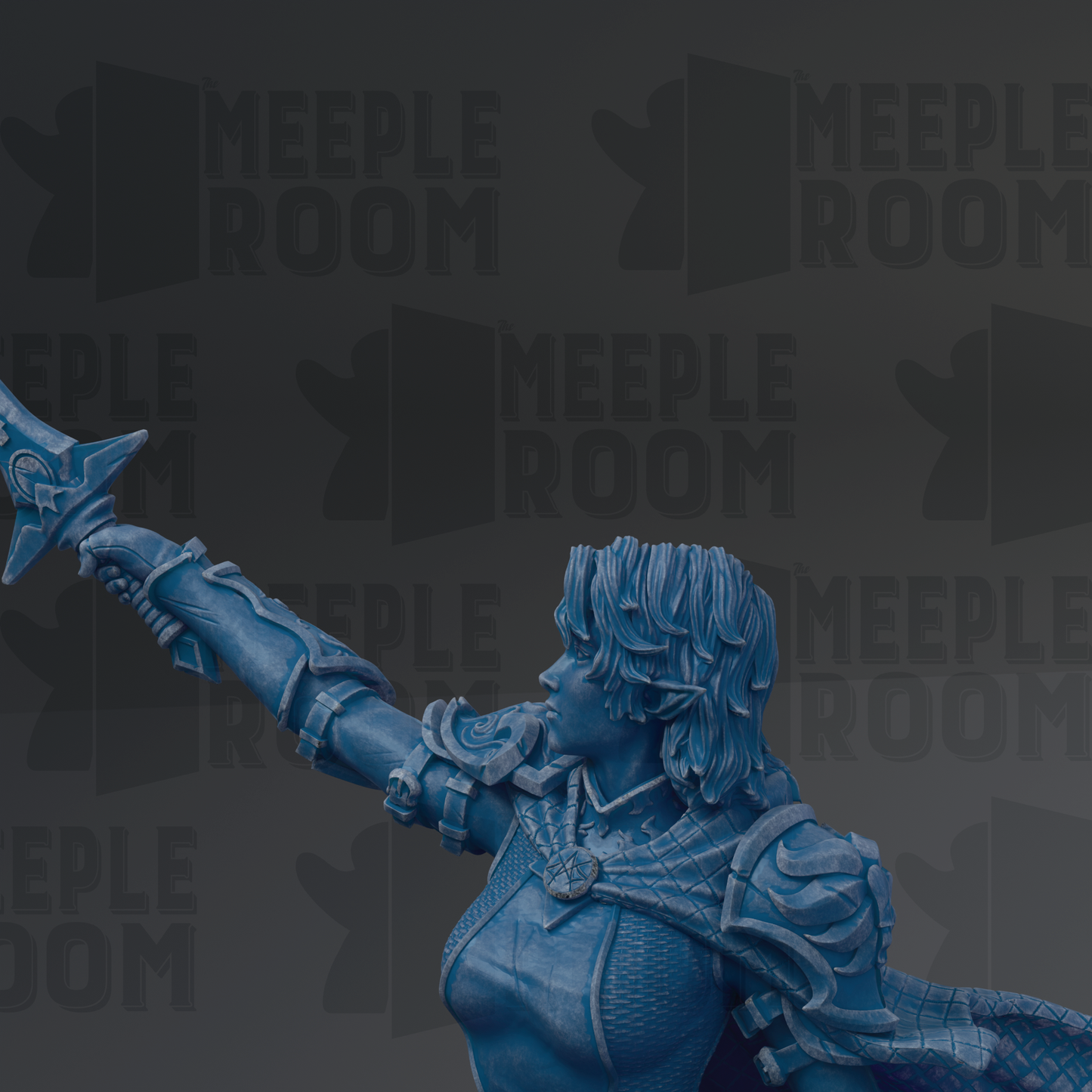 A blue statue of a woman with a sword in her right hand, wearing a decorative armor-like outfit, is shown against a dark background with repeated text.