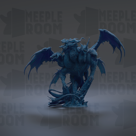 A 3D rendering of a blue dragon statue with wings spread wide, standing on a rock formation.