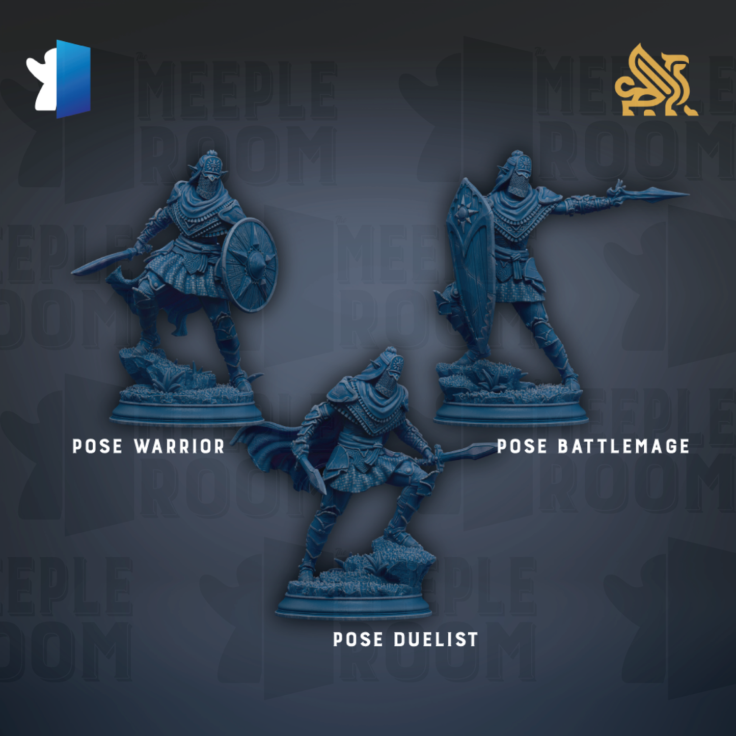 three blue figurines of warrior characters, each in a different pose, arranged against a dark background with repeated text.