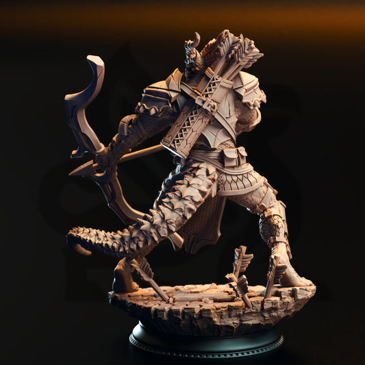 A detailed 3D model of a warrior figure, complete with armor and weapons, stands on a pedestal against a dark background.