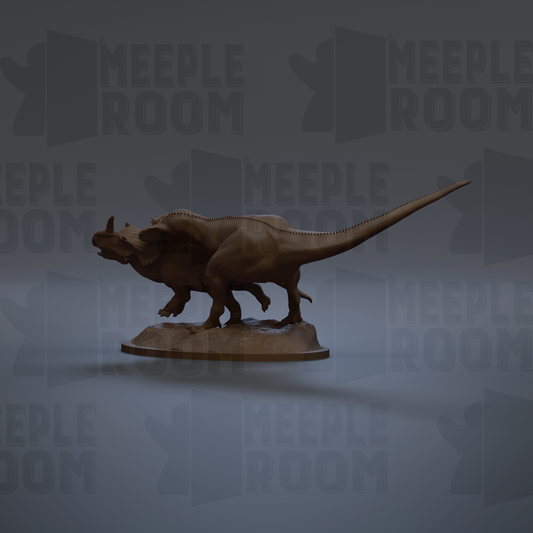 A 3D model of a dinosaur, likely a meek room dinosaur, is displayed against a gray background with repeated text.