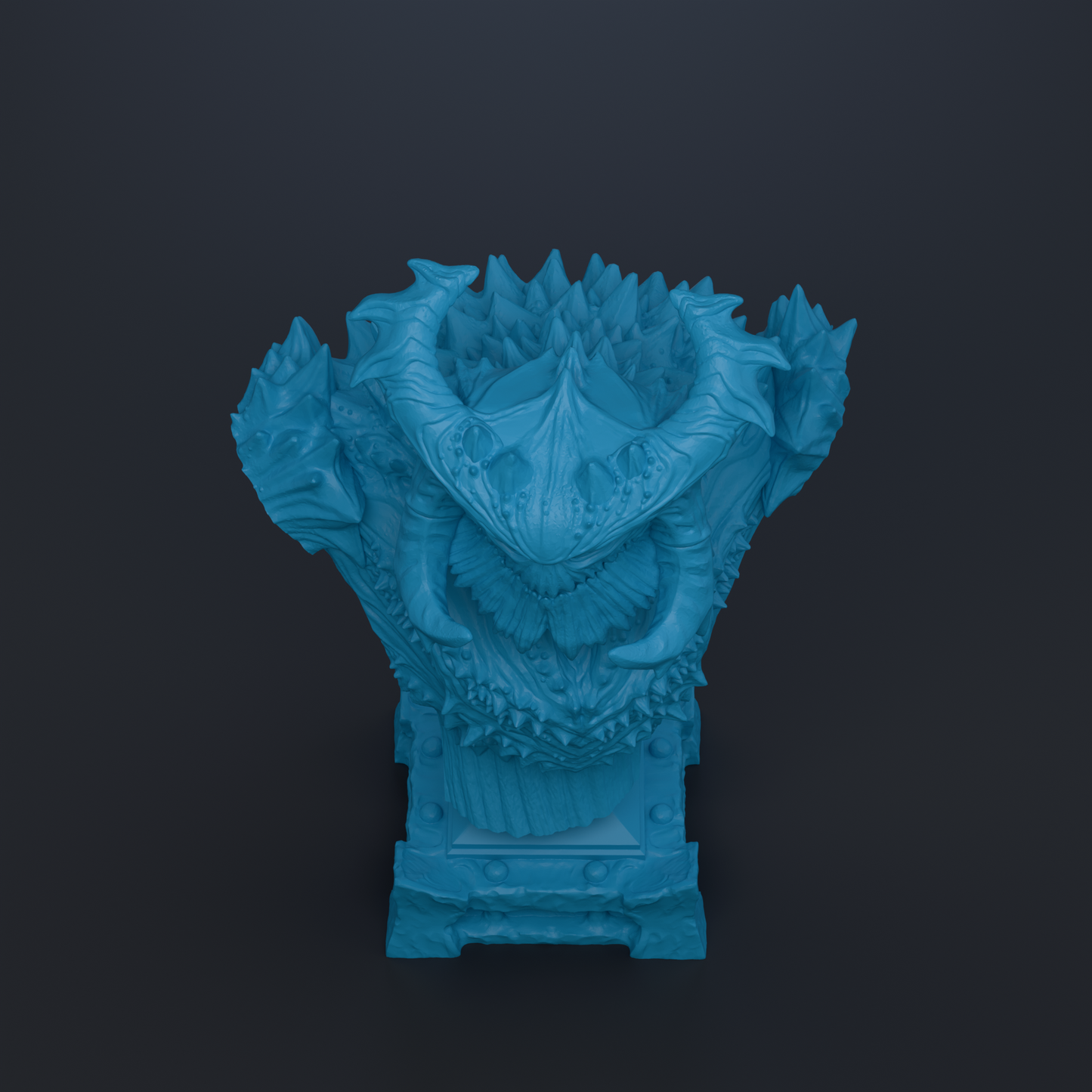 A blue, 3D-rendered sculpture of a fantastical creature with sharp teeth and an intricate, textured design.