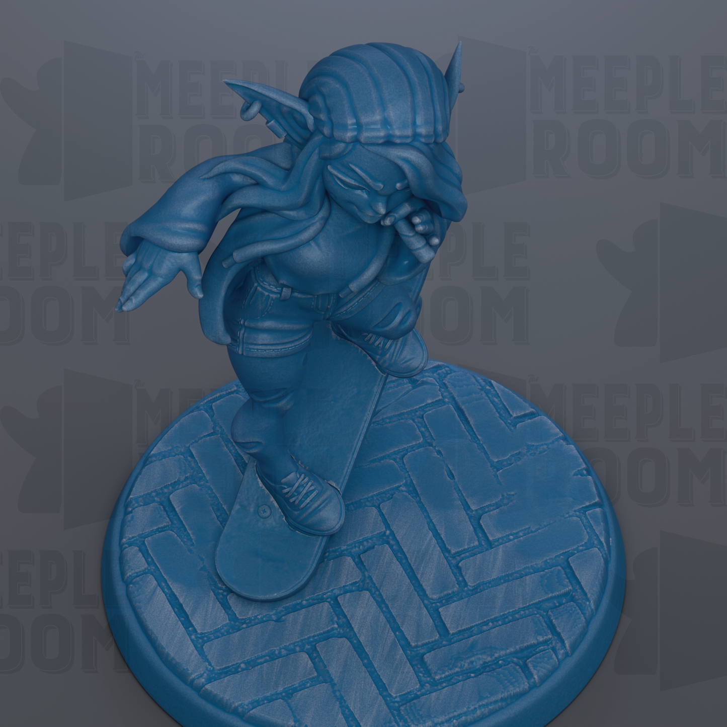A blue figurine of a skateboarder is depicted in the image.