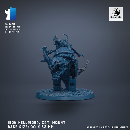 a figurine of an Iron Hellrider, a fantasy creature with horns and a blue-green color, mounted on a base. The figurine is described as a "Mount" and is shown in a 3D rendering. The base sizes are 90 x 52 mm, and the image is described as a "Collage of Miniatures" and "Sculpted by Rescue Miniatures".